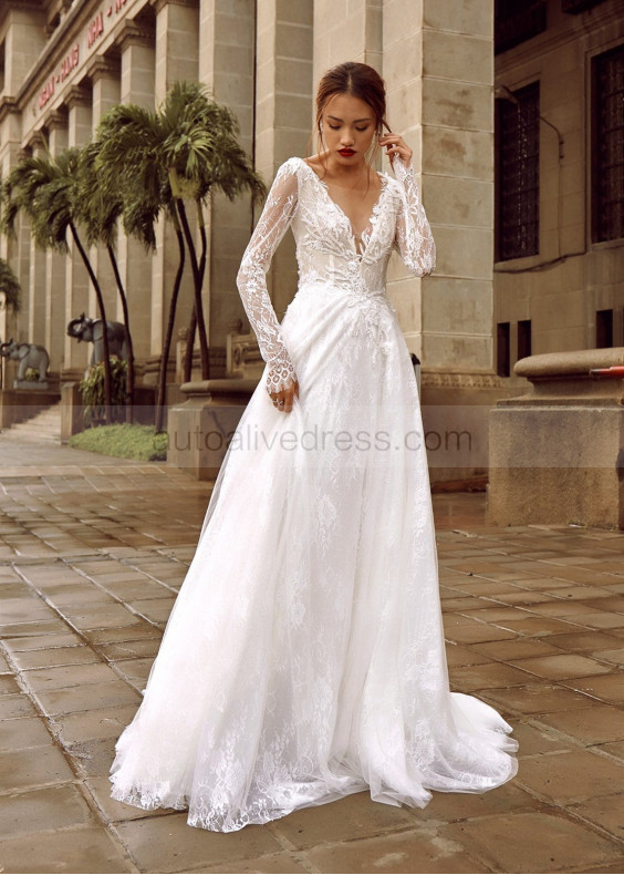 Long Sleeve V Neck Beaded Ivory Eyelash Lace Wedding Dress